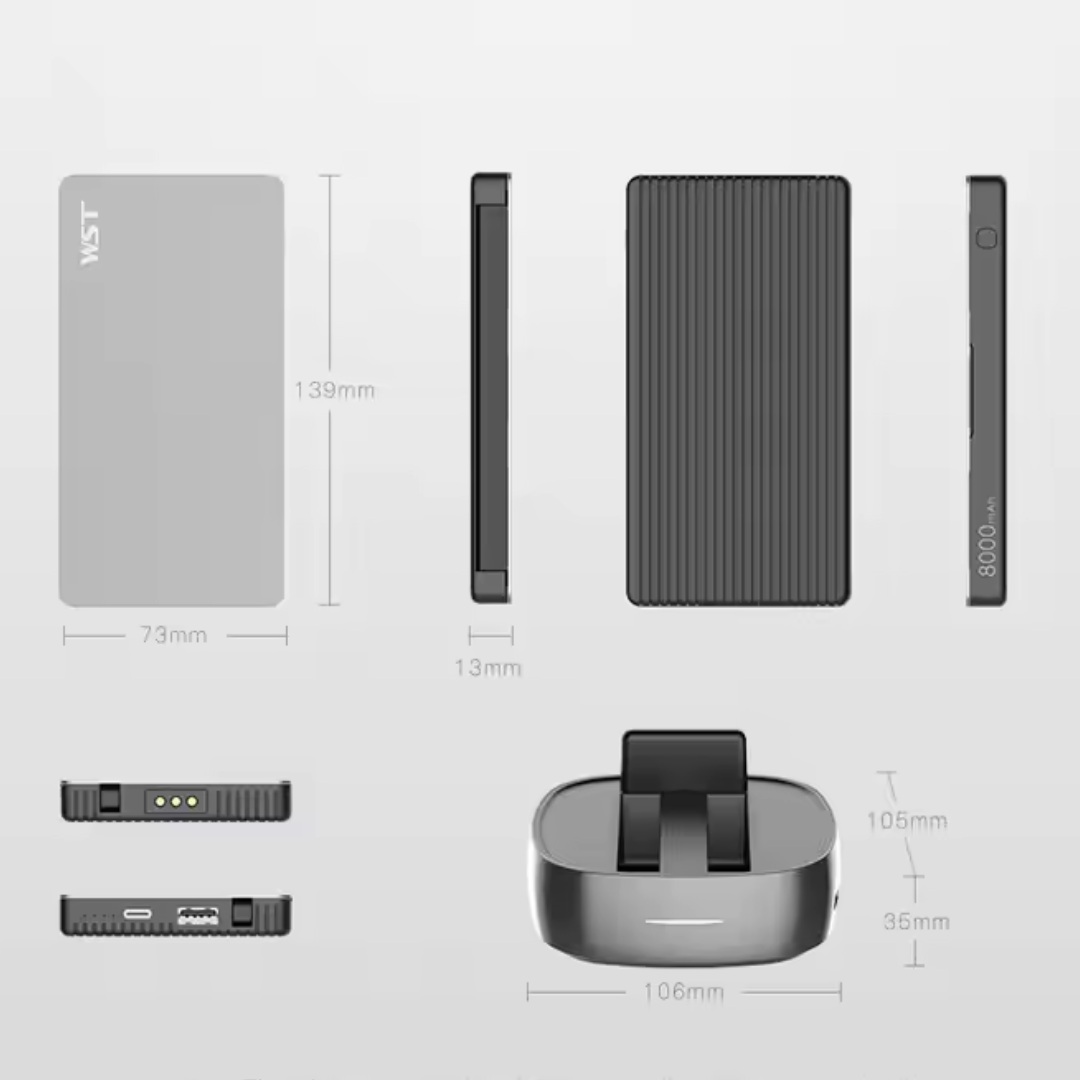 8000mAh power bank docking station with built-in USB and wireless charging for ultimate convenience.