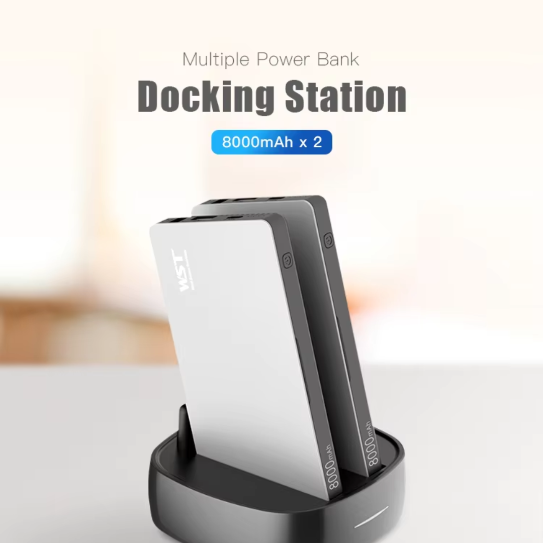 8000mAh power bank docking station with built-in USB and wireless charging for ultimate convenience.