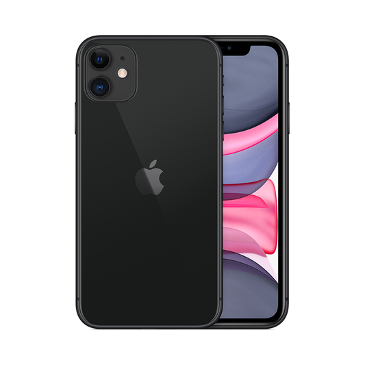 "Refurbished iPhone 11 in Black - 128GB model available, featuring new OEM battery, original LCD screen, and Apple-certified MFI cable."