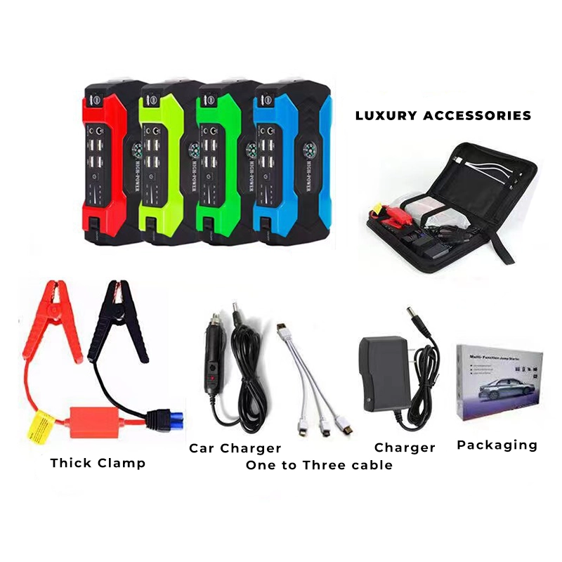 12V Car Emergency Starter Power Bank with QC Fast Charge, all colors, luxury variant, showing all inclusions, on a white background