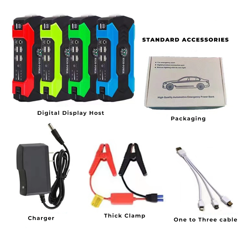12V Car Emergency Starter Power Bank with QC Fast Charge, all colors, standard variant, showing all inclusions, on a white background