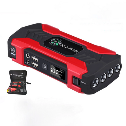 12V Car Emergency Starter Power Bank with QC Fast Charge, red, angled view, with LCD display and container, on a white background