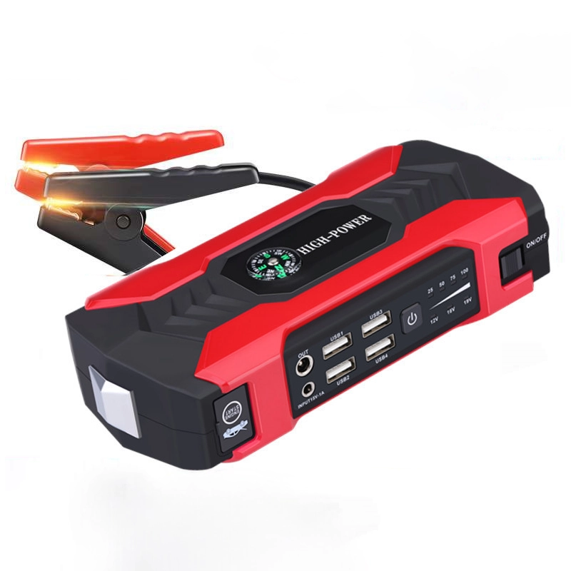 12V Car Emergency Starter Power Bank with QC Fast Charge, red, angled view without LCD display, with clamp, on a white background