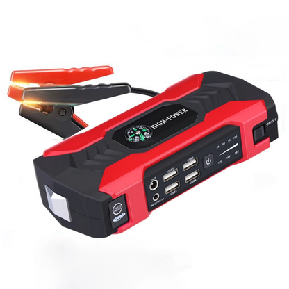 12V Car Emergency Starter Power Bank with QC Fast Charge, red, angled view without LCD display, with clamp, on a white background