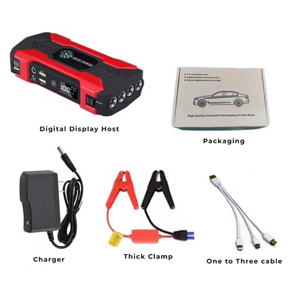 12V Car Emergency Starter Power Bank with QC Fast Charge, red standard variant, showing all inclusions, on a white background