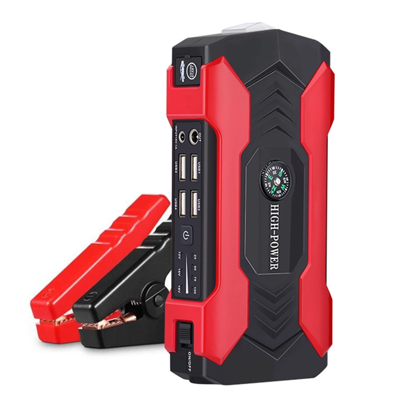 12V Car Emergency Starter Power Bank with QC Fast Charge, red, without LCD display, with clamp, on a white background
