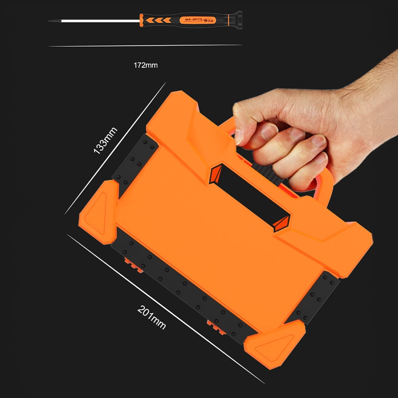 47-in-1 Multi-Function Screwdriver Set - Phone & Tablet Repair Tool Kit - JM-8139 - closed front view held by a person with screw driver with dimensions - on a black background