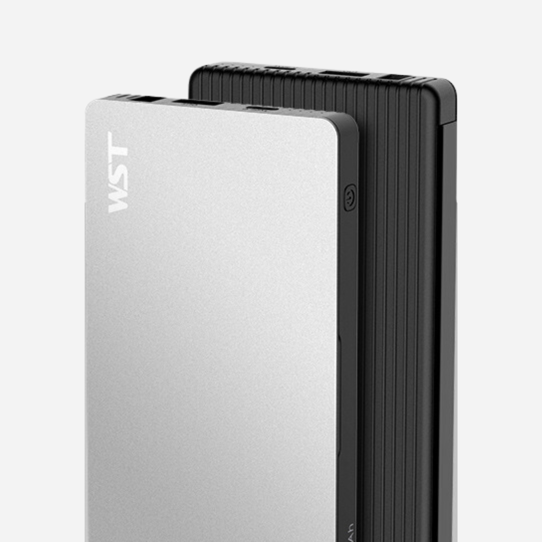 8000mAh power bank docking station with built-in USB and wireless charging for ultimate convenience.