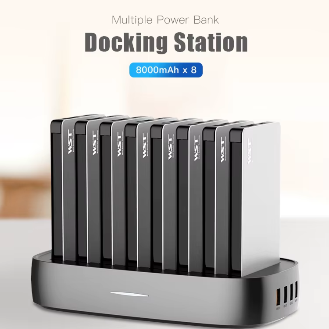 8000mAh power bank docking station with built-in USB and wireless charging for ultimate convenience.