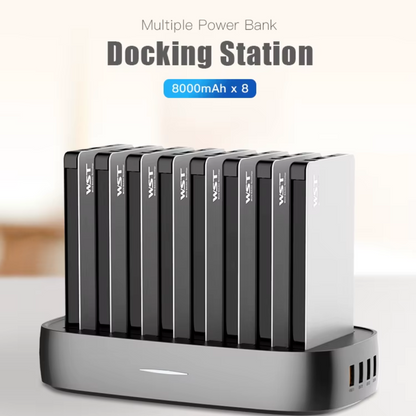 8000mAh power bank docking station with built-in USB and wireless charging for ultimate convenience.