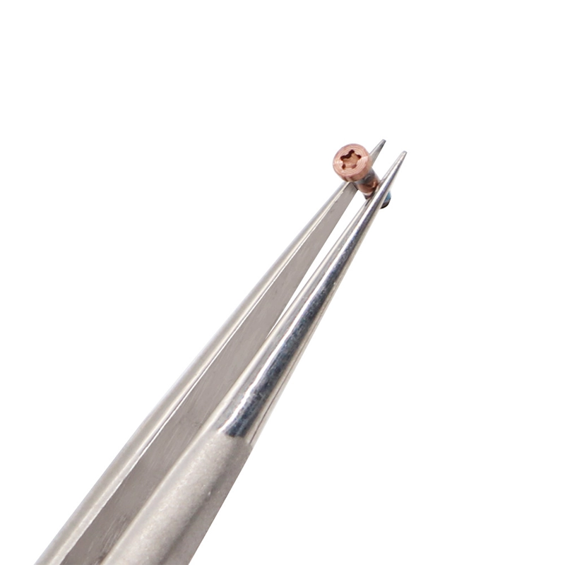 Close-up of Precision Stainless Steel Straight Tweezer holding a small screw, demonstrating precision for phone repair