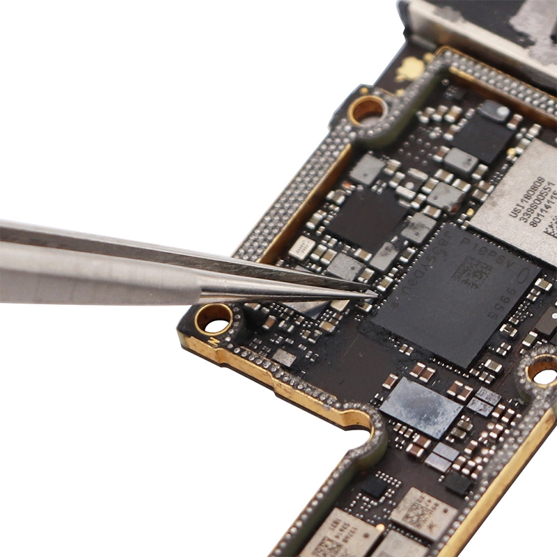 Close-up of Precision Stainless Steel Straight Tweezer in use on a circuit board for phone repair