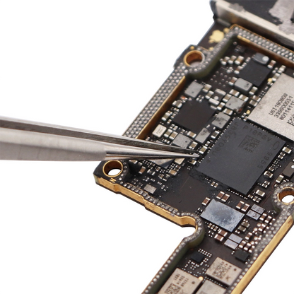 Close-up of Precision Stainless Steel Straight Tweezer in use on a circuit board for phone repair