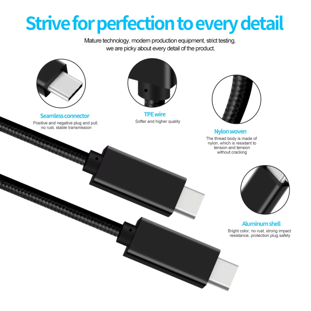 Type-C cable designed for 100W fast charging, perfect for rapid power delivery. 4K@60Hz video and audio support with this Type-C cable. 20Gbps data transfer Type-C cable, ideal for fast syncing and charging.
