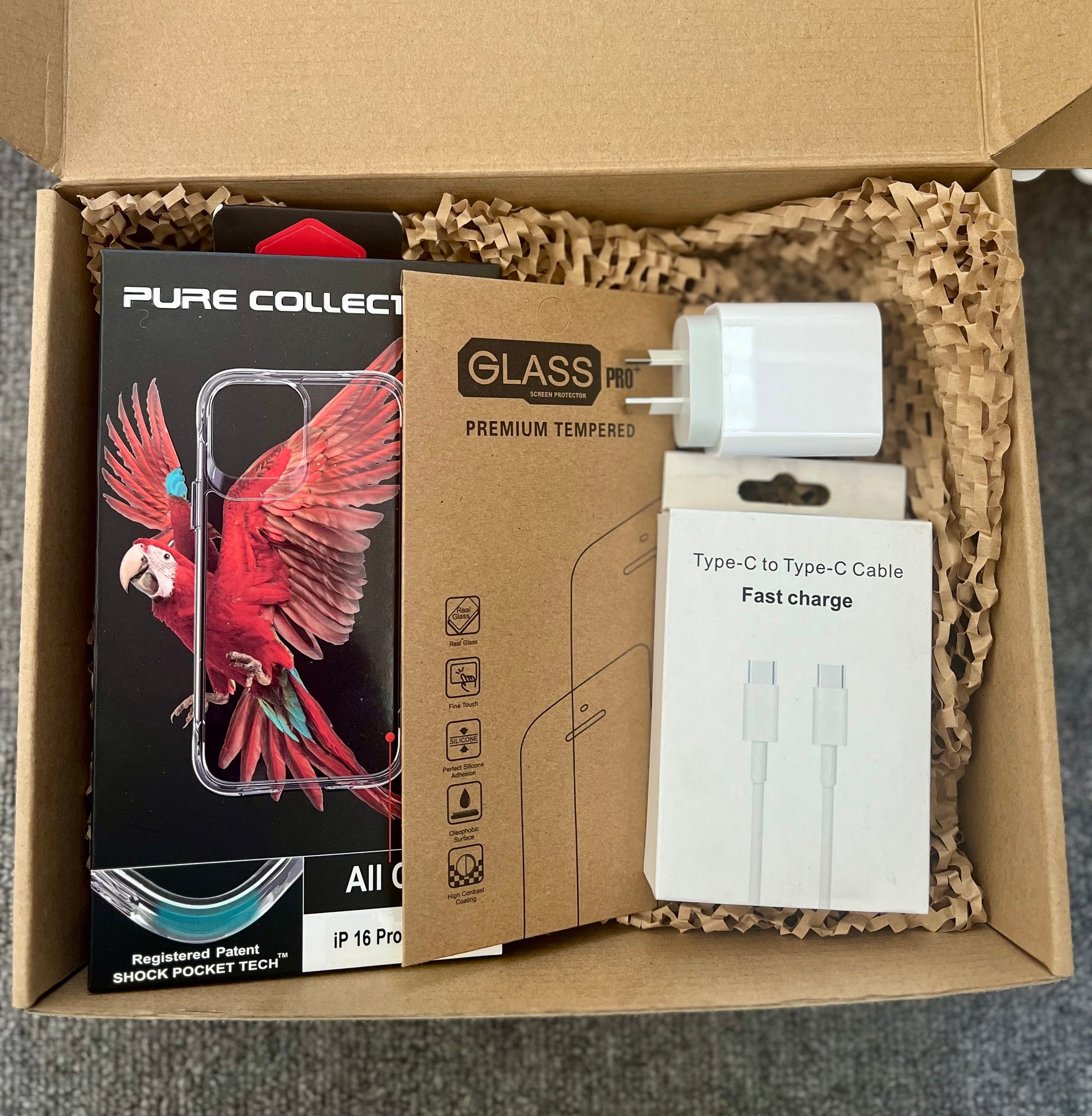 Complete protection and charging bundle with AU/NZ plug – Includes military drop-tested case, tempered glass screen protector, SAA-certified power adapter, and fast-charging USB-C cable. Available in New Zealand.