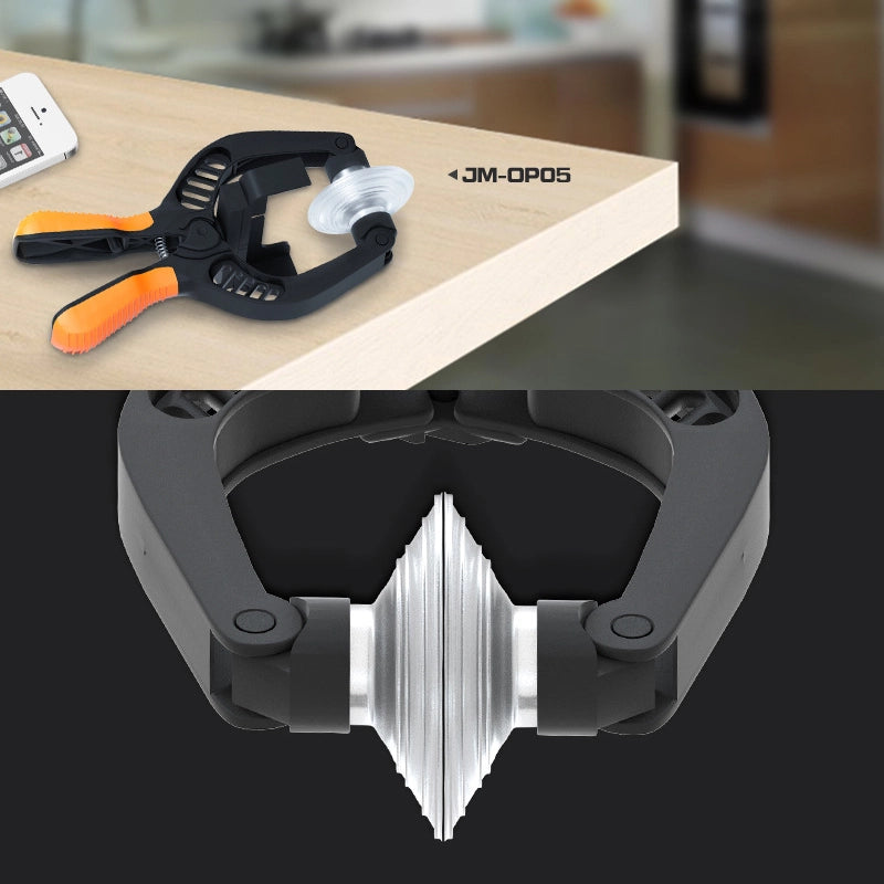 JM-OP05 Screen Opener Tool with Suction Cups for LCD Repair, angled view on a wooden table