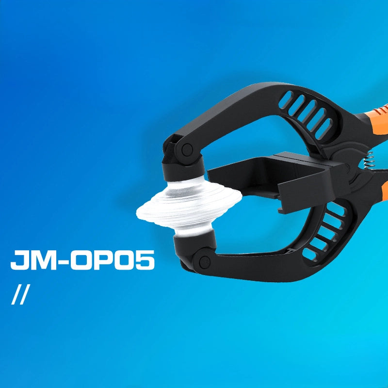 JM-OP05 Screen Opener Tool with Suction Cups for LCD Repair, shown on a blue background with half of the product visible and product name displayed