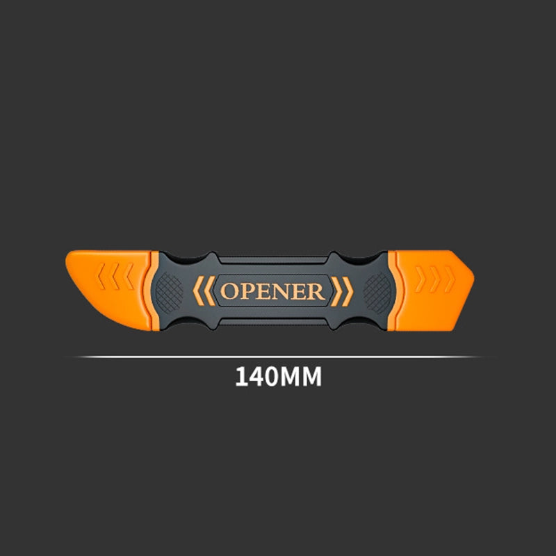 JM-OP12 Flexible Double-Head Pry Tool for Phone & Laptop Repair, front view with cover and dimensions on a grey background