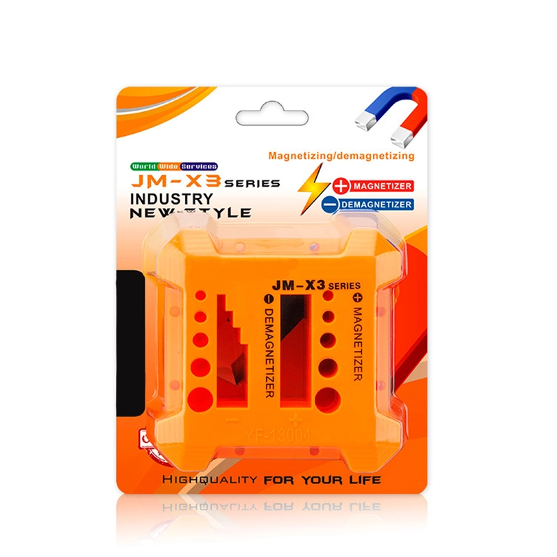 JM-X3 Small Screwdriver Magnetizer & Demagnetizer Tool inside its packaging, ready for display or use