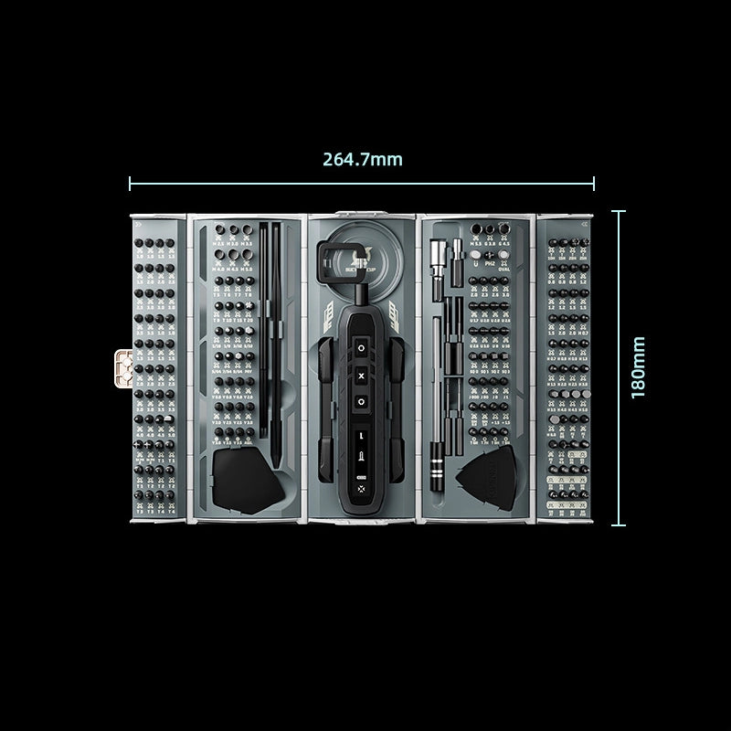 Mini Electric Screwdriver Set - Rechargeable Cordless Drill for Home Use - JM-8193 - open top view with dimensions on a black background