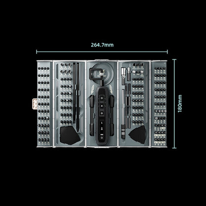 Mini Electric Screwdriver Set - Rechargeable Cordless Drill for Home Use - JM-8193 - open top view with dimensions on a black background
