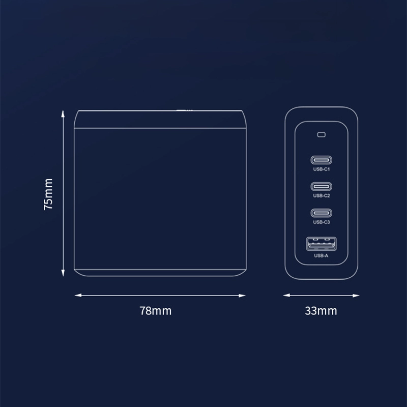 PD100W GaN Multi-Port Charger for Laptops & Phones, front and side dimensions displayed on a dark blue background