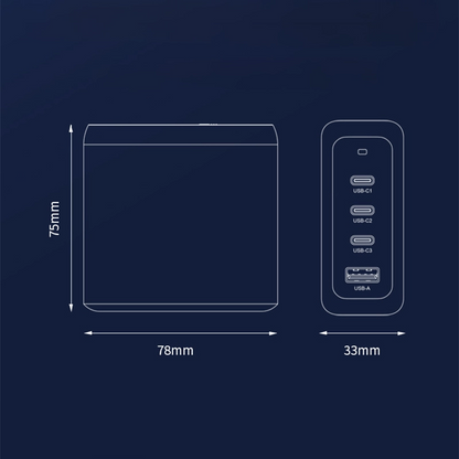 PD100W GaN Multi-Port Charger for Laptops & Phones, front and side dimensions displayed on a dark blue background