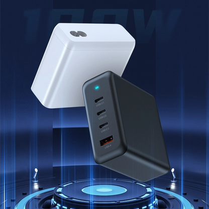 PD100W GaN Multi-Port Charger for Laptops & Phones, white and black variants in an angled view, floating on a futuristic background