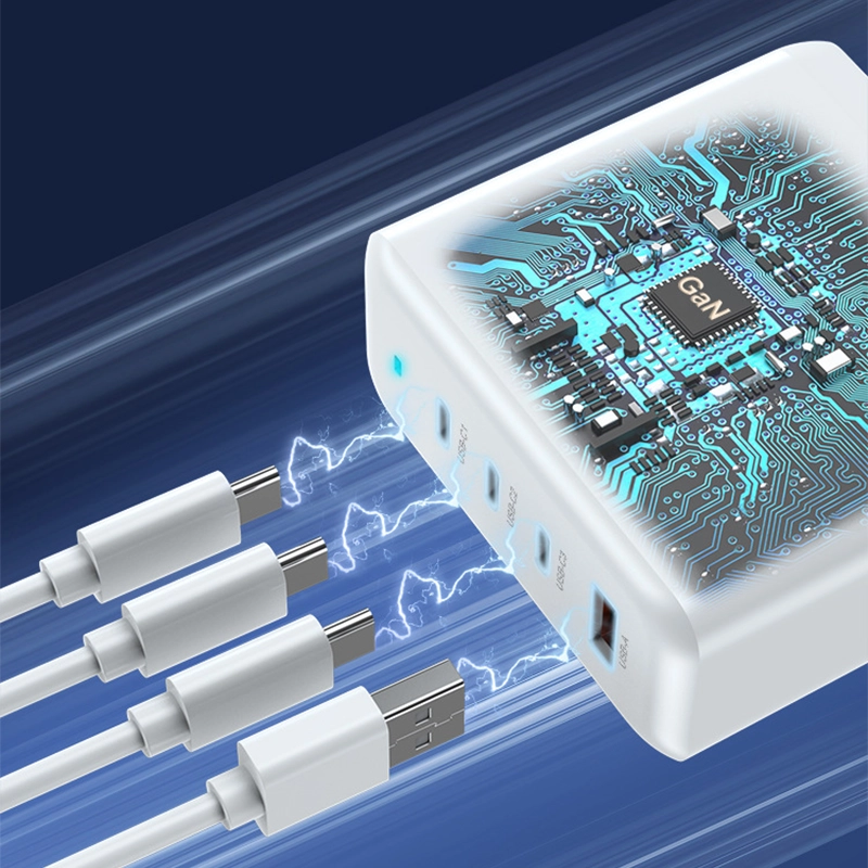 PD100W GaN Multi-Port Charger for Laptops & Phones, white variant showing multiple devices charging simultaneously, highlighting its fast charging capabilities and the number of cables that can be used