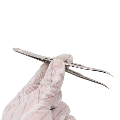Person's gloved hand holding the bent Precision Stainless Steel Tweezer for phone repair