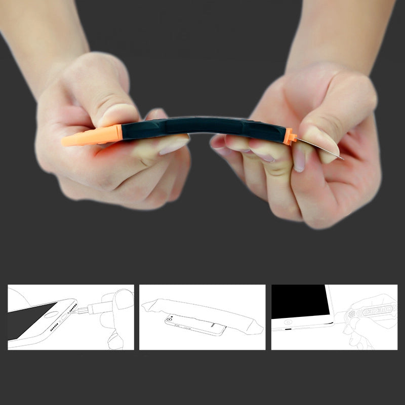 Person's hands showing and bending the JM-OP12 Flexible Double-Head Pry Tool for Phone & Laptop Repair, with "How to Use" instructions below