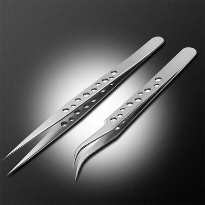 Precision Stainless Steel Tweezers for Phone Repair, featuring straight and bent tips, displayed on a black background