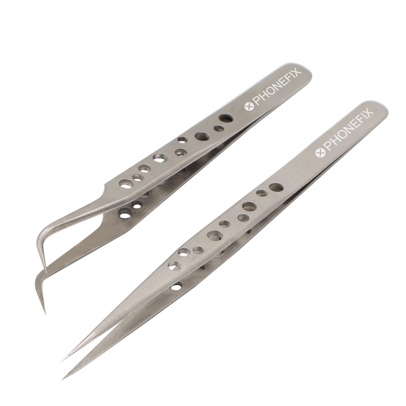 Precision Stainless Steel Tweezers for Phone Repair, featuring straight and bent tips, displayed on a white background