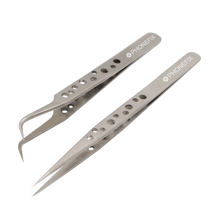 Precision Stainless Steel Tweezers for Phone Repair, featuring straight and bent tips, displayed on a white background