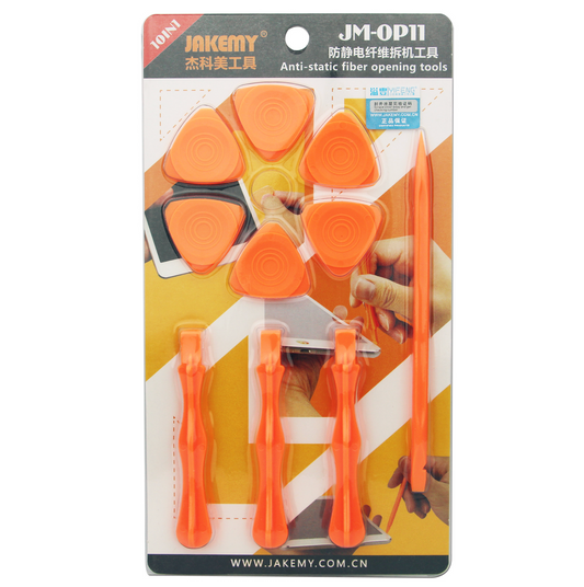 Jakemy JM-OP11 Anti-Static Fiber Opening Tool Kit – Orange toolkit for mobile, tablet, game console, and MP4 repairs, designed for professional use.