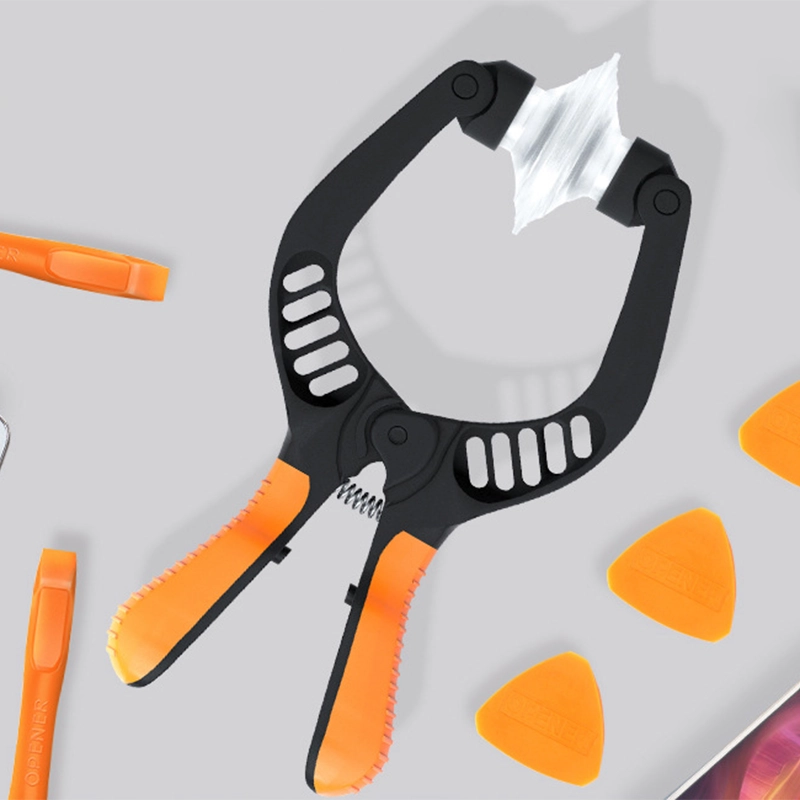 Top view of JM-OP05 Screen Opener Tool with Suction Cups for LCD Repair on a grey surface, surrounded by pry tools and other repair tools