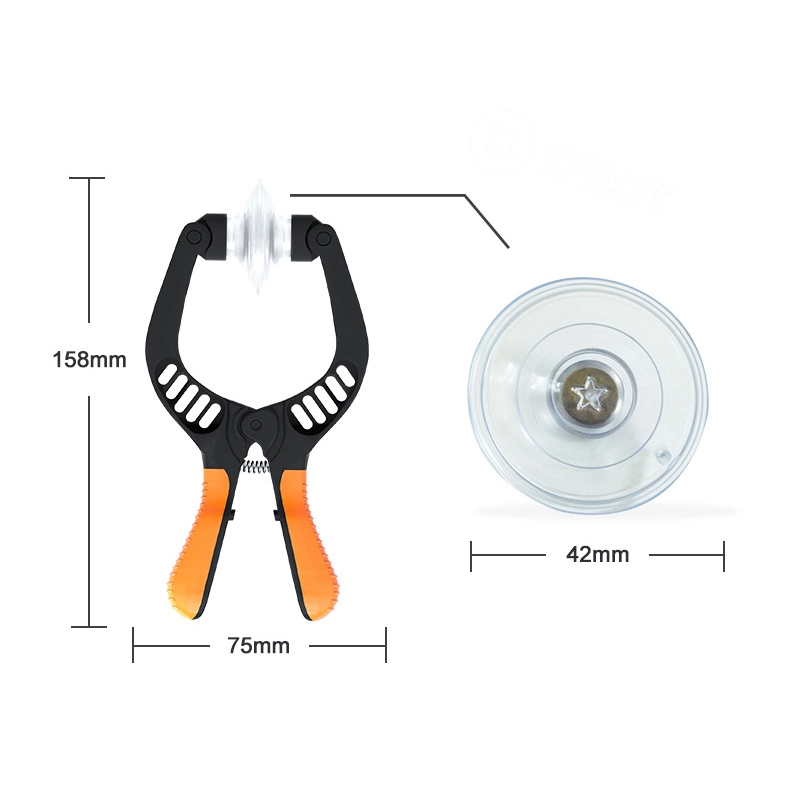 Top view of JM-OP05 Screen Opener Tool with Suction Cups for LCD Repair, with the product and suction cup displayed separately, both showing dimensions on a white background