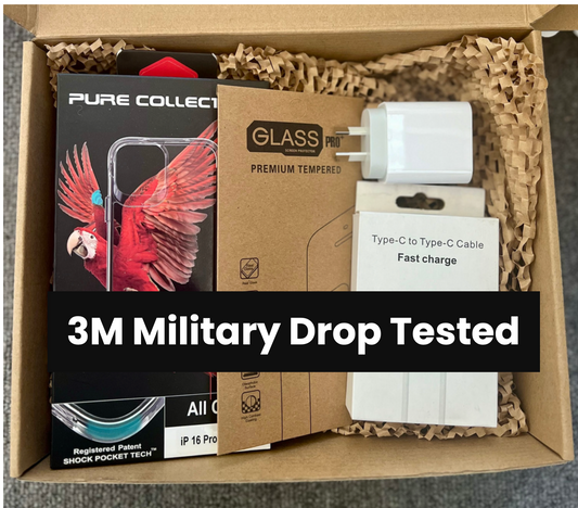 Ultimate Protection Pack displaying a 3M military drop-tested phone case, certified USB cable, certified power adapter, and premium tempered-glass screen protector in eco-friendly packaging