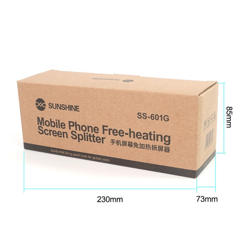 iPhone Screen Separator Tool - SS-601G for Quick & Easy Screen Removal packaging with dimensions on a white background