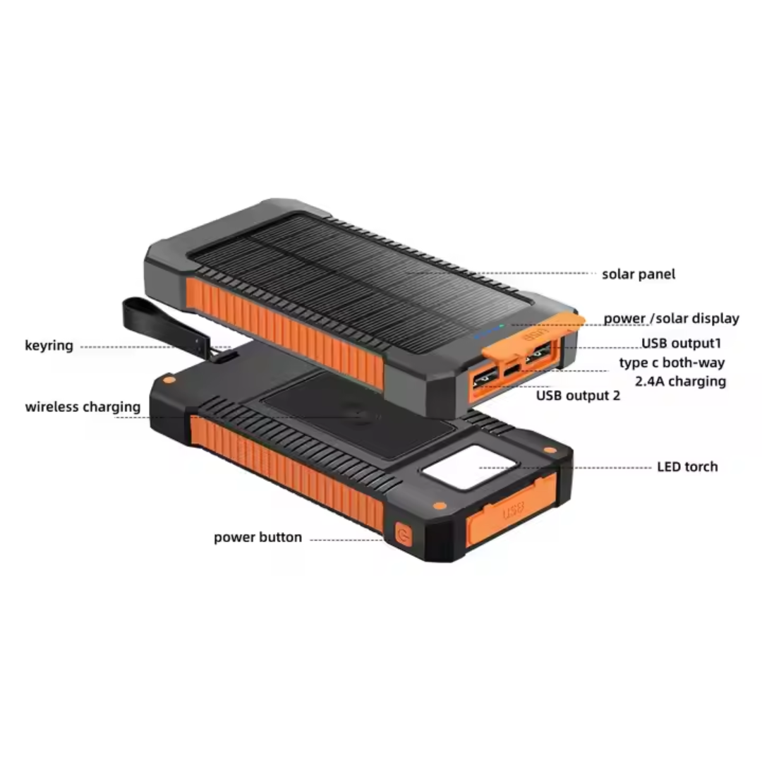 Portable 20000mAh solar power bank for travel, featuring foldable design and solar charging capability.