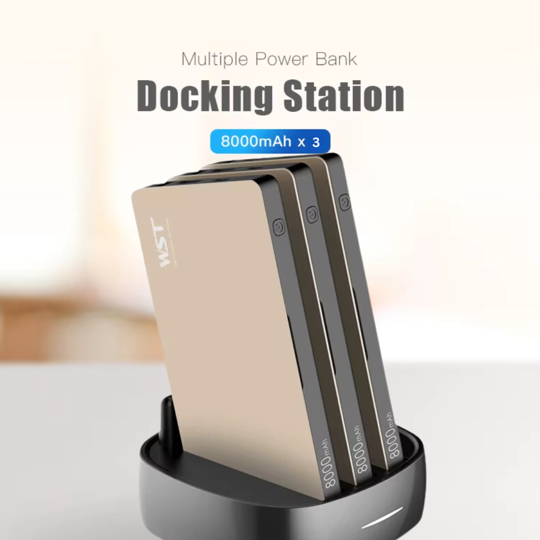8000mAh power bank docking station with built-in USB and wireless charging for ultimate convenience.