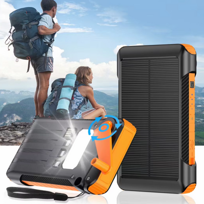 Portable 20000mAh solar power bank for travel, featuring foldable design and solar charging capability.